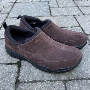 brown suede crocs